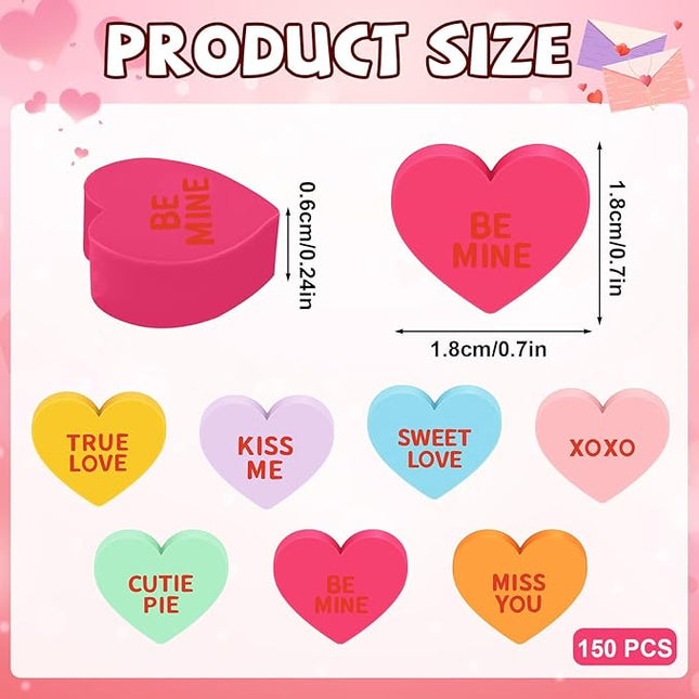 JUNEBRUSHS 150Pcs Valentine Conversation Heart Erasers, Conversation Heart Erasers, Cute Love Message Mini Eraser, Classroom Gifts Party Favors