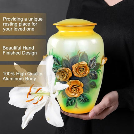 11" 3D Carved Decorative Flowers Aluminum Metal Cremation Urns for Human Ashes | Hand-Crafted Large Urn for Adult Cremation (Silver Roses)
