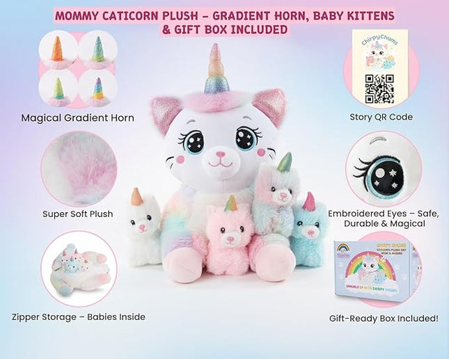 Chirpy Chums Dreamy Caticorn Family – 15” Magical Unicorn Cat Plush with 4 Kittens – Ultra-Soft Stuffed Animal, Zipper Belly Surprise – Magical Pillow Plushies, Big Plush Toy Gift for Kids Ages 3+