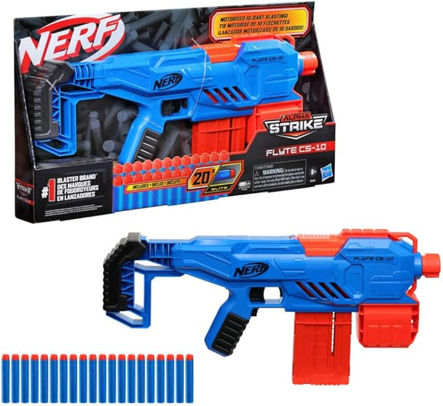 Nerf Alpha Strike Flyte CS-10 Motorised Blaster – 10-Dart Clip-Fed Blasting – 20 Official Nerf Elite Darts – for Kids, Teens, Adults, Multicolor (E8696)