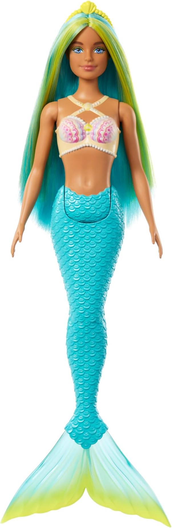 Barbie Mermaid Doll with Two-Tone Blue & Yellow Fantasy Hair & Headband Accessory, Toy with Shell Bodice & Turquoise Tail