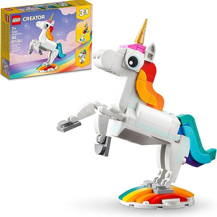 Lego Creator 3 in 1 Magical Unicorn Toy, Transforms from Unicorn to Seahorse to Peacock, Rainbow Animal Figures, Unicorn Gift for Grandchildren, Girls and Boys, Buildable Toys, 31140