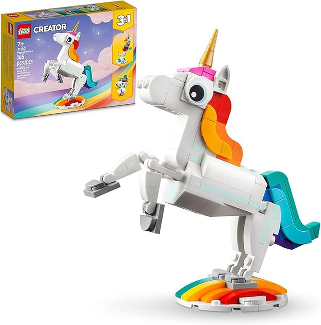 Lego Creator 3 in 1 Magical Unicorn Toy, Transforms from Unicorn to Seahorse to Peacock, Rainbow Animal Figures, Unicorn Gift for Grandchildren, Girls and Boys, Buildable Toys, 31140