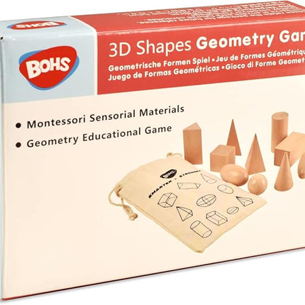BOHS Geometric Solids Guess Game - 3D Shapes Miniature Set -Wooden Montessori Toys - Ages 3 and Up