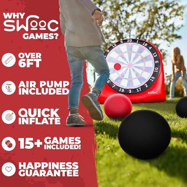SWOOC Games - Inflatable Giant Kick Darts (15+ Ways to Play) - Jumbo Soccer Dartboard w/Air Pump - Big Carnival Games - Giant Outdoor Games - Oversized Dart Board Yard & Lawn Game for Kids & Adults
