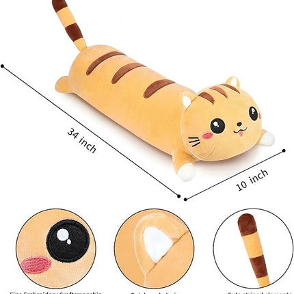 AFAN Long Cat Plush Cute Cat Body Pillows Kawaii Stuffed Animals Plushies Soft Cuddly Cotton Plush Toys Room Decor Gifts for Kids Girls Boys Adults (Yellow, 34 Inch)