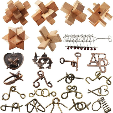 24PCS Brain Teaser Puzzles for Adults, Mind Puzzle Ancient Wooden and Metal Puzzles 3D Unlock Interlock IQ Education Puzzle Box Game for Adults