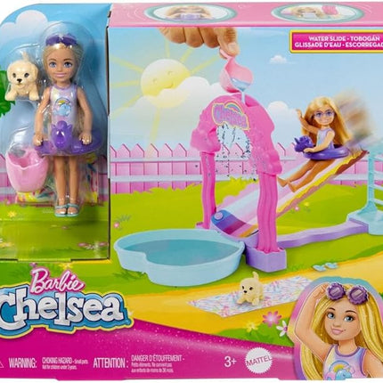 Barbie HTK39 Rainbow Water Slide Set with Chelsea Doll and Puppy, Height 20 cm, Accessories Included, Children's Toy, from 3 Years,