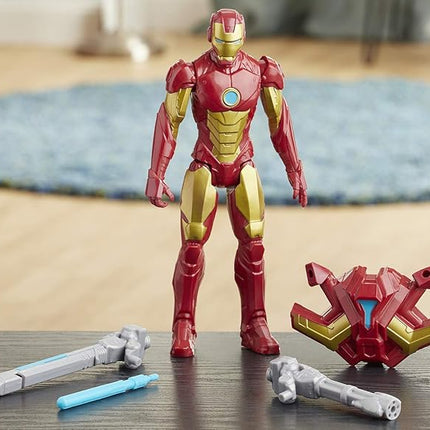 Avengers Marvel Titan Hero Series Blast Gear Iron Man Action Figure, 12-Inch Toy, with Launcher, 2 Accessories and Projectile, Ages 4 and Up, Red