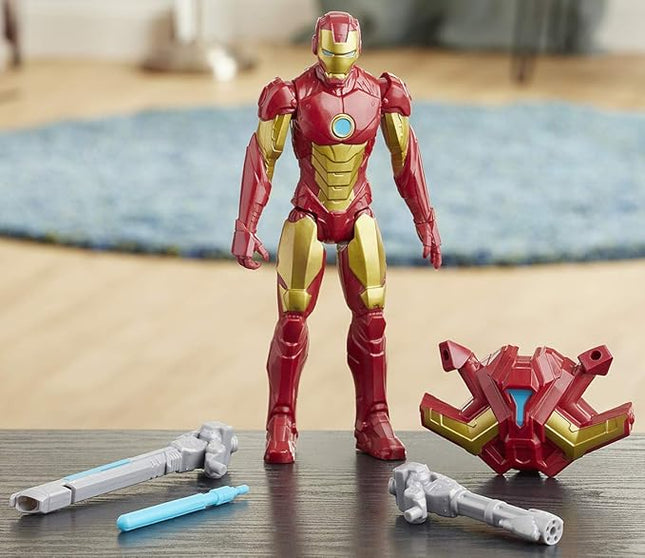 Avengers Marvel Titan Hero Series Blast Gear Iron Man Action Figure, 12-Inch Toy, with Launcher, 2 Accessories and Projectile, Ages 4 and Up, Red