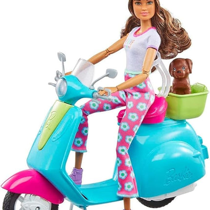 Barbie Fashionistas Doll and Scooter Travel Playset with Pet Puppy and Themed Accessories
