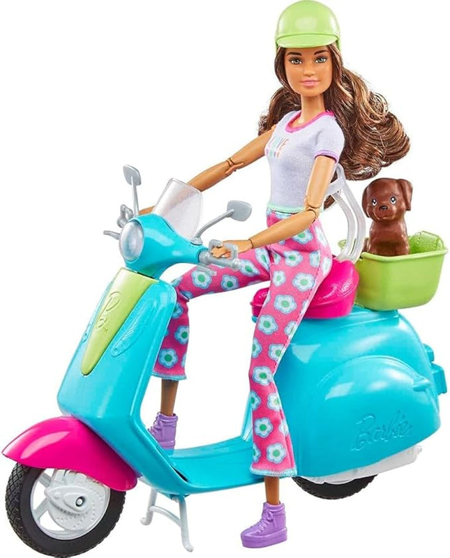 Barbie Fashionistas Doll and Scooter Travel Playset with Pet Puppy and Themed Accessories