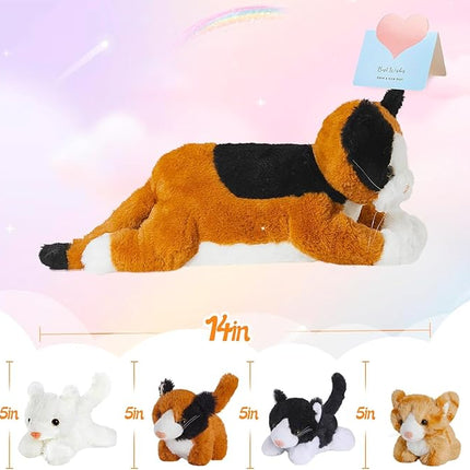 Chirpy Chums Classic Cat Family – Mommy Cat with 4 Kittens – 14” Ultra-Soft Plush Stuffed Animal Toy – Zipper Belly Surprise for Cuddles, Play & Gifts – 5-Piece Kitten Set for Kids Ages 3+