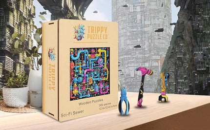 Wooden Jigsaw Puzzle for Adults - Challenging 300 Piece Puzzle with Cool Shapes - Mind Bending Brain Teaser Collection (Sci-Fi Sewer)