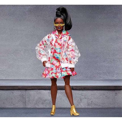 Barbie BMR1959 Fully Poseable Curvy Fashion Doll, Brunette, in Clear Vinyl Bomber Jacket and Floral Hoodie Dress, with Accessories and Doll Stand