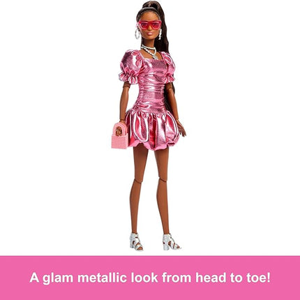 Barbie Deluxe Style Doll #6 in Metallic Coral Pink Dress with Bubble Hem, Black Hair in Ponytail, Accessories Like Sunglasses, Jewelry and Handbag