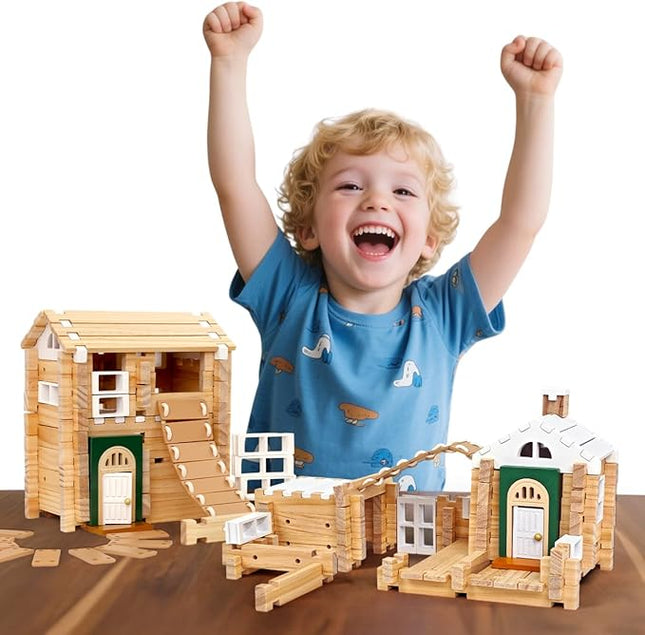 Jovi-mindly＆Notchies 107 Pcs Wooden Blocks Toys with Door and Windows,Classic Old Fashioned Toys,Wooden Building Blocks for Kids Ages 4-8 Boys and Girls,FSC Certified,Halloween Gifts