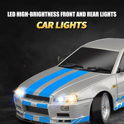 LD1899 1:18 RC Drift Car GTR R34 2.4GHz RWD with Gyroscope on-Road Alloy Body Shell Racing Cars Radio Control (Silvery)