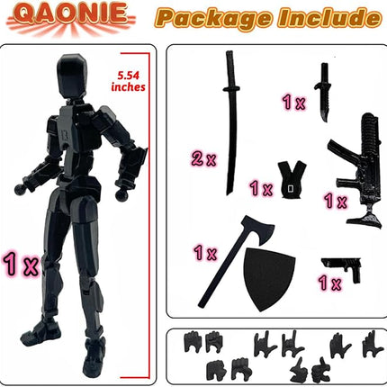(Assembly Completed) 3D Printed Figure 5.54-inch Dummy13 with Weapon Expansion Set, Full Body Mechanical Movable Toy, Desk Decoration. (Pure Black)