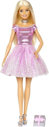 Barbie Happy Birthday Doll with Blonde Hair and Blue Eyes, Pink Glitter Party Dress, and Silvery Accessories
