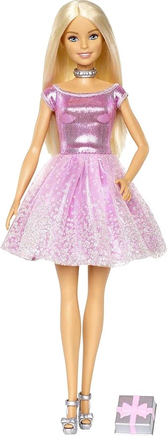 Barbie Happy Birthday Doll with Blonde Hair and Blue Eyes, Pink Glitter Party Dress, and Silvery Accessories
