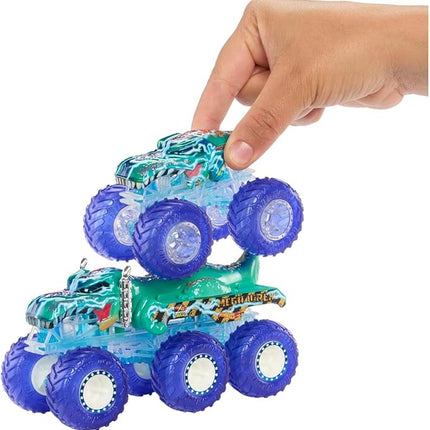 Hot Wheels Monster Trucks Multipack, 1:64 Scale Mega-Wrex & Tiger Shark Toy Trucks with Big Rigs in Matching Power Smashers Deco