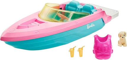 Barbie Boat with Puppy and Themed Accessories, Fits 3 Dolls, Floats in Water, Great Gift for 3 to 7 Year Olds