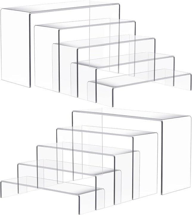 10 Pcs Acrylic Risers, 2 Set 5 Size Rectangular Large Display Risers Shelf, Clear Acrylic Display Stand Cupcake Stand, Display Shelves for Funko Pop Retail Shoe Showcase