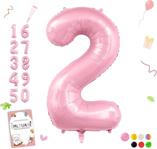 Smlpuame Pastel Pink 2 Balloons, 40 Inch Large Light Pink Foil Number Balloons 0-10, Self-Sealing 2nd Birthday Balloon for Girls Women Anniversary Baby Shower Princess Party Decorations Supplies