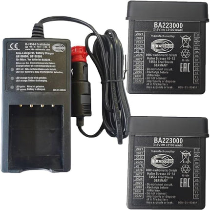 (1*Charger+2*Battery) BA223000 3.6V 2100mAh NiMH Rechargeable Battery with QA108600 QD108300 DC12-24V Car Charger, for HBC Pump Truck Crane Remote Control Battery