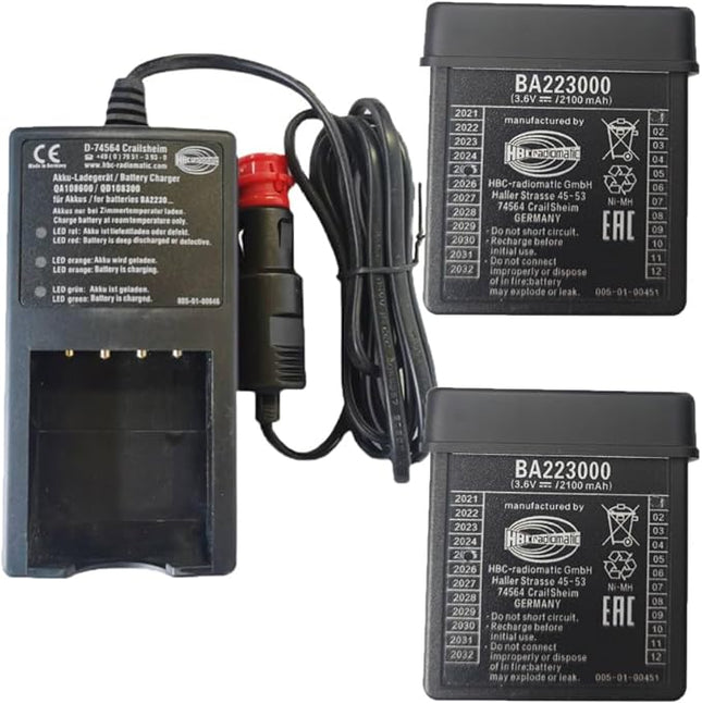(1*Charger+2*Battery) BA223000 3.6V 2100mAh NiMH Rechargeable Battery with QA108600 QD108300 DC12-24V Car Charger, for HBC Pump Truck Crane Remote Control Battery