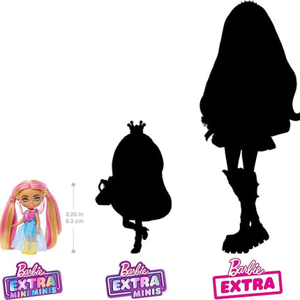 Barbie Extra Mini Minis Doll with Pink-Streaked Blonde Pigtails Wearing Blue Dress & Accessories, Plus Stand, 3.25-inch