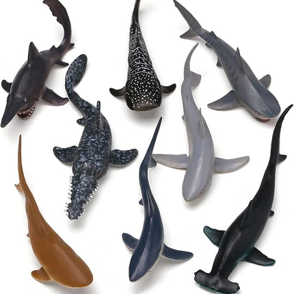 Yeonha Toys 8 Pack Shark Toys with Educational Booklet, Soft Plastic Realistic Shark Figure Set for Kid, Ocean Sea Animal Party Favor, Pool Bath Tub Toy for Toddler Child Boy Girl, Birthday Gift