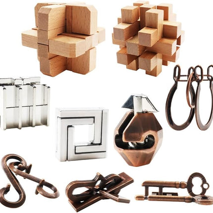 9PCS Brain Teaser Puzzles for Adults, Mind Puzzle Ancient Wooden and Metal Puzzles 3D Unlock Interlock IQ Education Puzzle Box Game for Adults