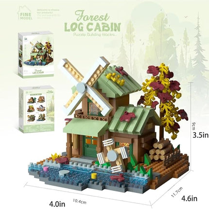 Windmill Mini Wood Cabin Micro Building Set with LED Light Wooden Forest House Block Toy with Tree Log Stem Houses Construction Model for Adults Teens Birthday Gift