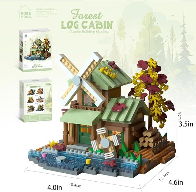 Windmill Mini Wood Cabin Micro Building Set with LED Light Wooden Forest House Block Toy with Tree Log Stem Houses Construction Model for Adults Teens Birthday Gift