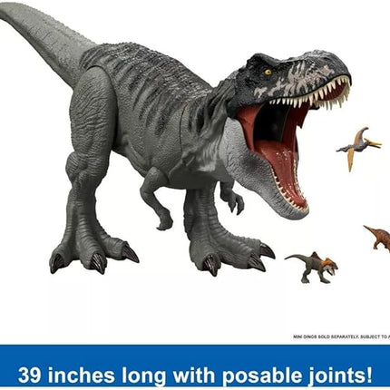 Mattel Jurassic World Rebirth Super Colossal Tyrannosaurus Rex Action Figure, T-Rex Dinosaur Toy Swallows Minis, Movie-Accurate Posable