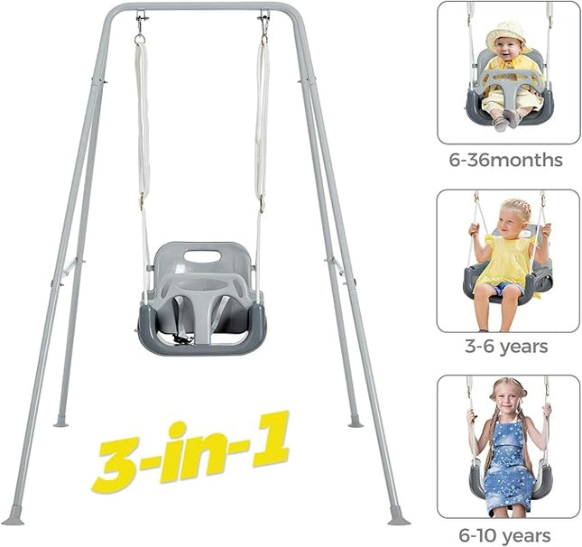 FUNLIO Toddler Swing with Foldable Metal Stand for Toddlers Aged 1~10 Years, 3-in-1 Baby Swing Set with 4 Sandbags for Backyard/Indoor/Outdoor Play, Easy to Assemble & Store, Grey