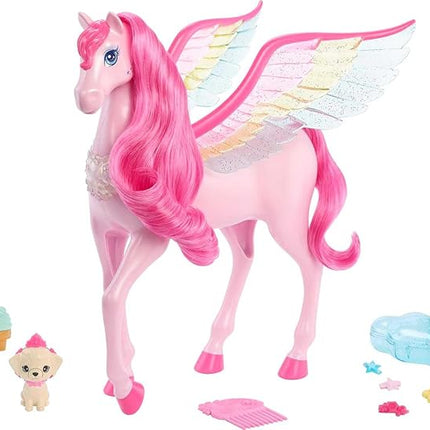 Barbie Doll Toys, Pegasus Pink Winged Horse Toy with 10 Accessories Including Puppy & Barrettes, Inspired A Touch of Magic