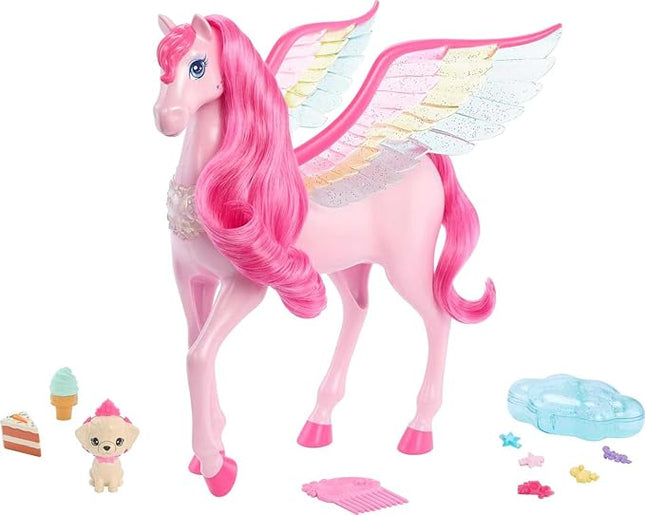 Barbie Doll Toys, Pegasus Pink Winged Horse Toy with 10 Accessories Including Puppy & Barrettes, Inspired A Touch of Magic