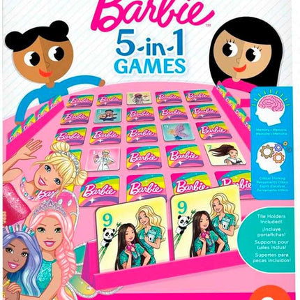 Mattel Games Barbie 5-in-1 Kids Games Set Decorated with Fashion Doll Graphics for Family & Game Nights, Parties & Travel