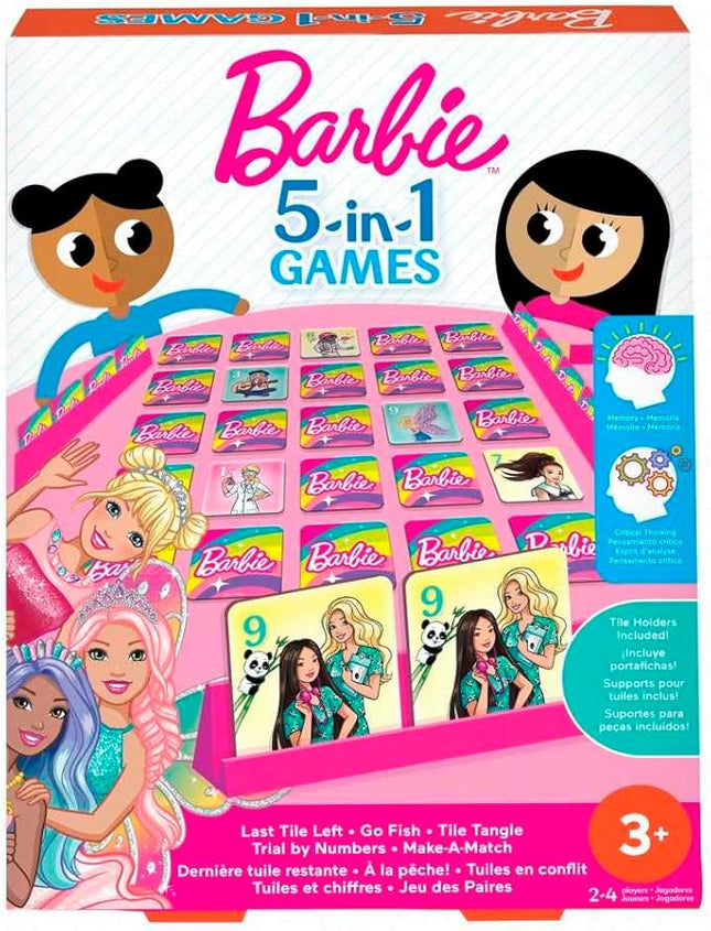 Mattel Games Barbie 5-in-1 Kids Games Set Decorated with Fashion Doll Graphics for Family & Game Nights, Parties & Travel