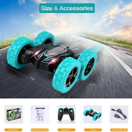 Remote Control Car: Double Sided 360°Rotating 4WD RC Cars 2.4GHz Electric Race Stunt Toy Car Rechargeable Toy Cars for 6 7 8 9 10 11 12 Year Old Boys Girls Kids Christmas Birthday Gifts Cyan