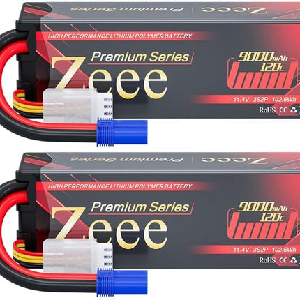 Zeee Premium Series 3S Lipo Battery 9000mAh 11.4V High Voltage Hard Case Battery 120C EC5 Connector HV-Lipo for RC Vehicles RC Car Truck Tank Racing Hobby Models (2 Pack)