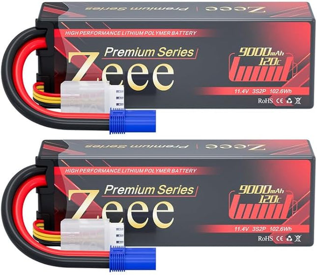 Zeee Premium Series 3S Lipo Battery 9000mAh 11.4V High Voltage Hard Case Battery 120C EC5 Connector HV-Lipo for RC Vehicles RC Car Truck Tank Racing Hobby Models (2 Pack)