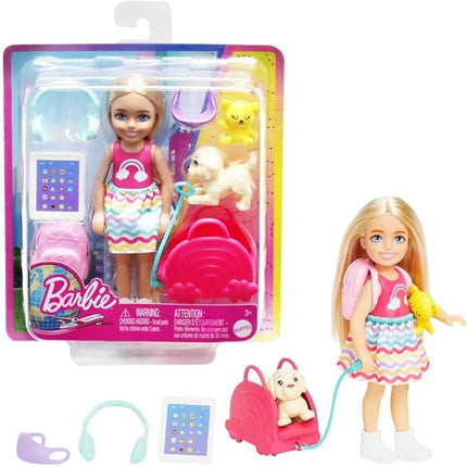 Barbie Chelsea Small Doll & 6 Accessories, Travel Set with Puppy, Pet Carrier & Backpack that Opens & Closes, Blonde Hair