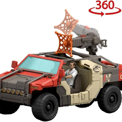 Mattel Jurassic World Rebirth Vehicle with 1 Human & 1 Dinosaur Figure, Launch ‘N Battle Truck, Martin Krebs Figure & Raptor, Turret & 2 Projectiles