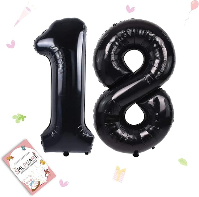 Smlpuame 40 inch Number Balloon 0-9 Black Large Number 18 Balloons,Digital Balloons for Birthday Party Celebration Decorations Supplies, Helium Foil Number Balloons for Wedding Anniversary