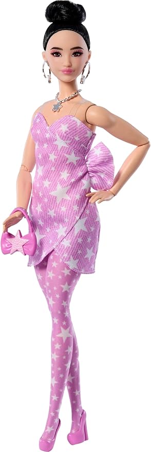 Barbie Deluxe Style Doll #11 in Pink Denim Star-Print Dress with Matching Tights, Black Hair in High Bun, Accessories Like Handbag and Jewelry