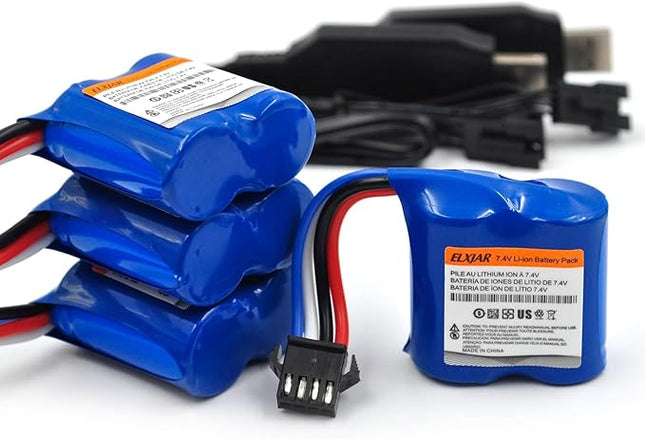 (4-Pack) 7.4V 600mAh Li-ion Battery with SM-4P Plug and USB Charger for UDI001 UDI008 RC Boats, Compatible with URGENEX Remote Control Watercraft Models